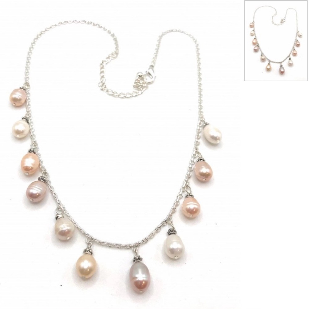 Multi-Colored Silver Plated with Pink Faux Pearls Drop Necklace